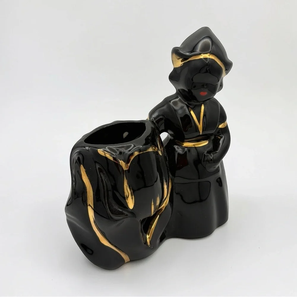 Vintage Blackamoor Ceramic Dutch Girl Figurine Black With Gold Trim Planter MCM